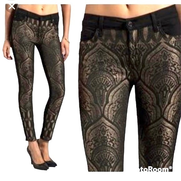 7 for All Mankind Jeans Nouveau Black Gold Metallic Brocade Skinny 26 Party Chic - Picture 1 of 14